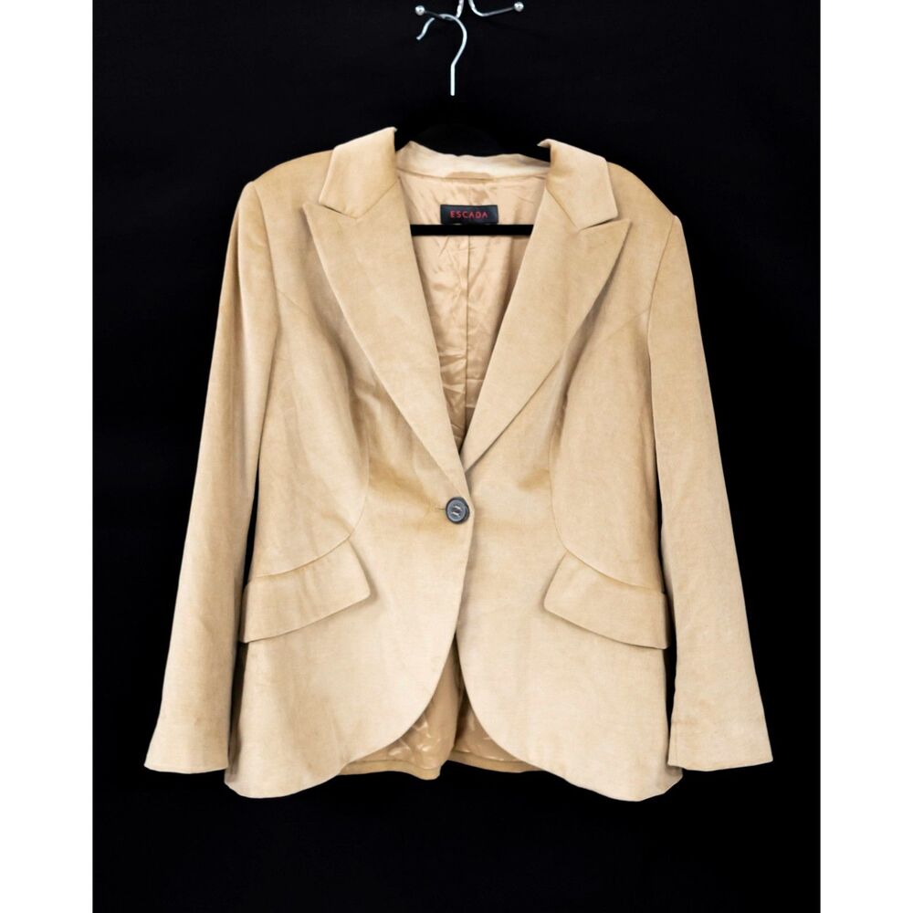 Escada Designer Velvet Corduroy Camel Tan Single Breasted Blazer Jacket Sz L